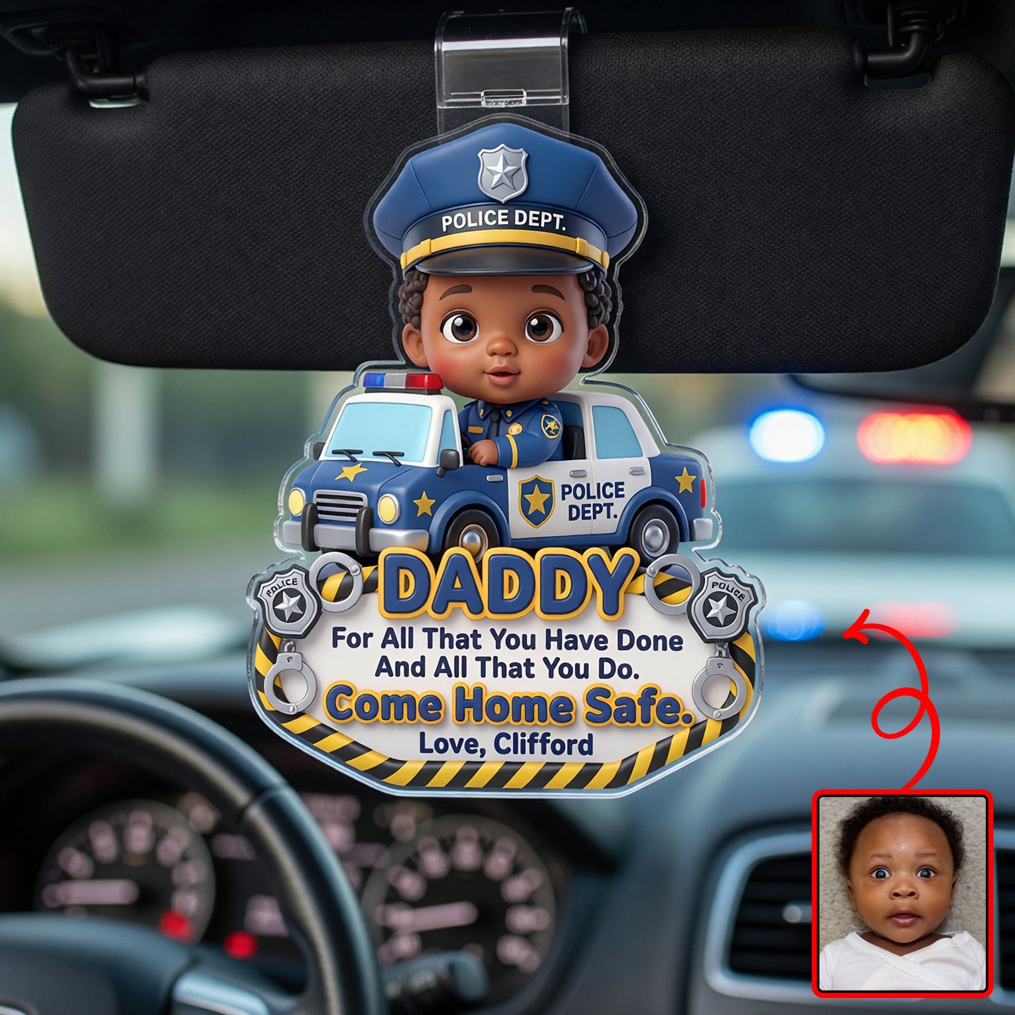 “Come Home Safe, Daddy!” - Custom Photo Car Vision for Police Officer Dads Car Visor Clip PopCulturePrints
