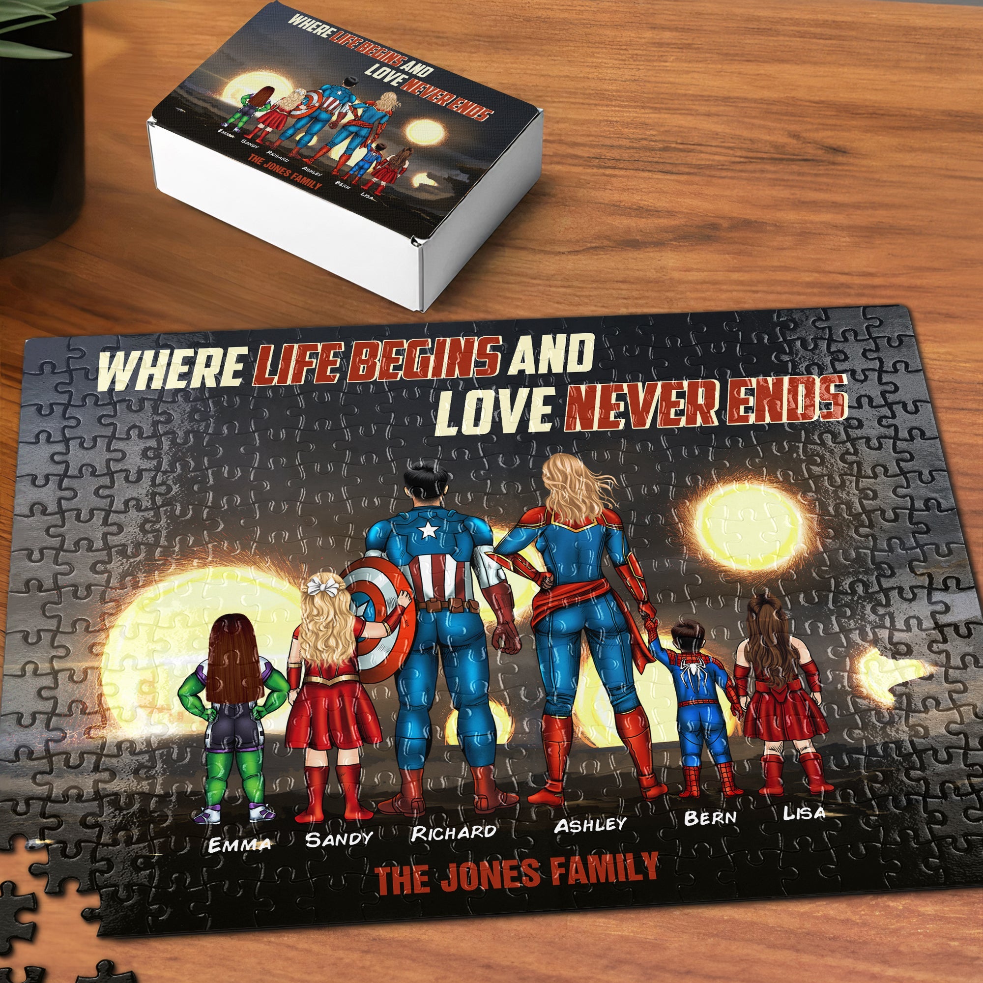 Superhero Family Personalized Jigsaw Puzzle - Where Life Begins & Love Never Ends