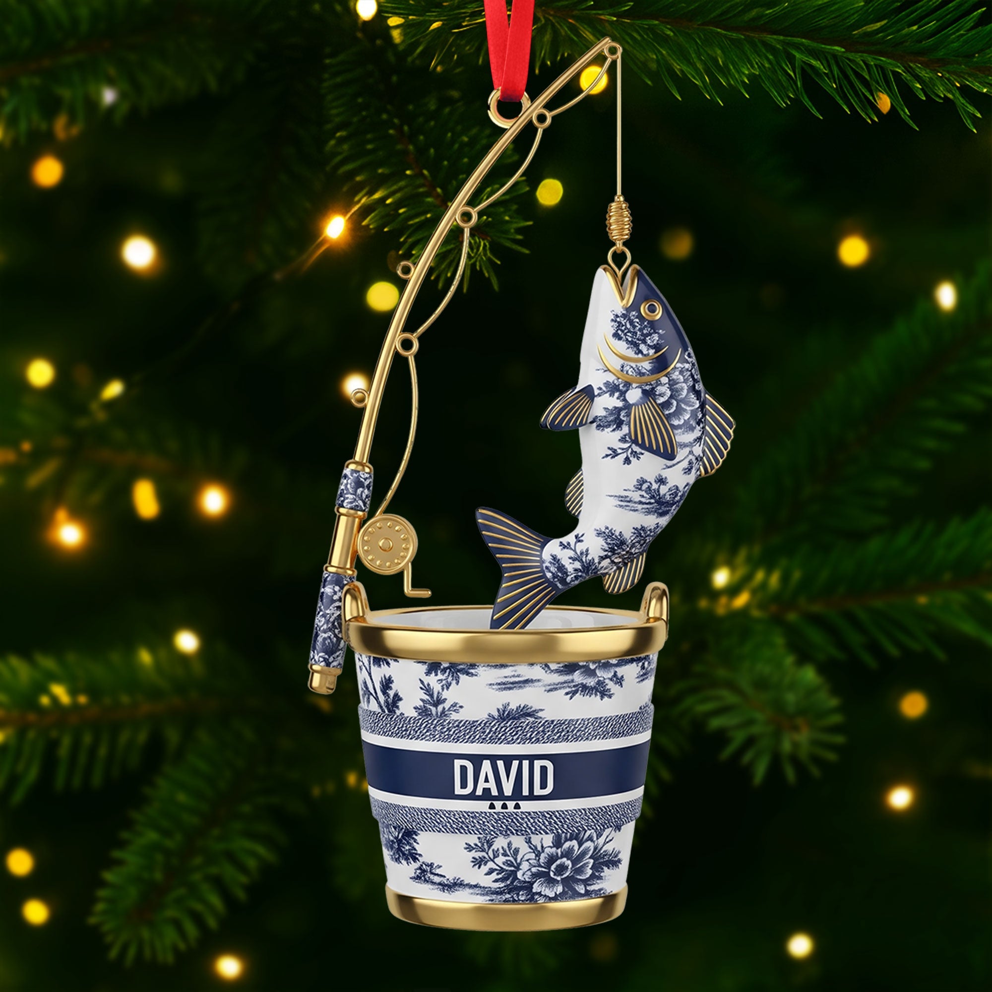 Hooked on Joy: Personalized Fishing Christmas Ornament - Custom Gift for Fishing Lovers, Adventurers, and Friends Ornament PopCulturePrints
