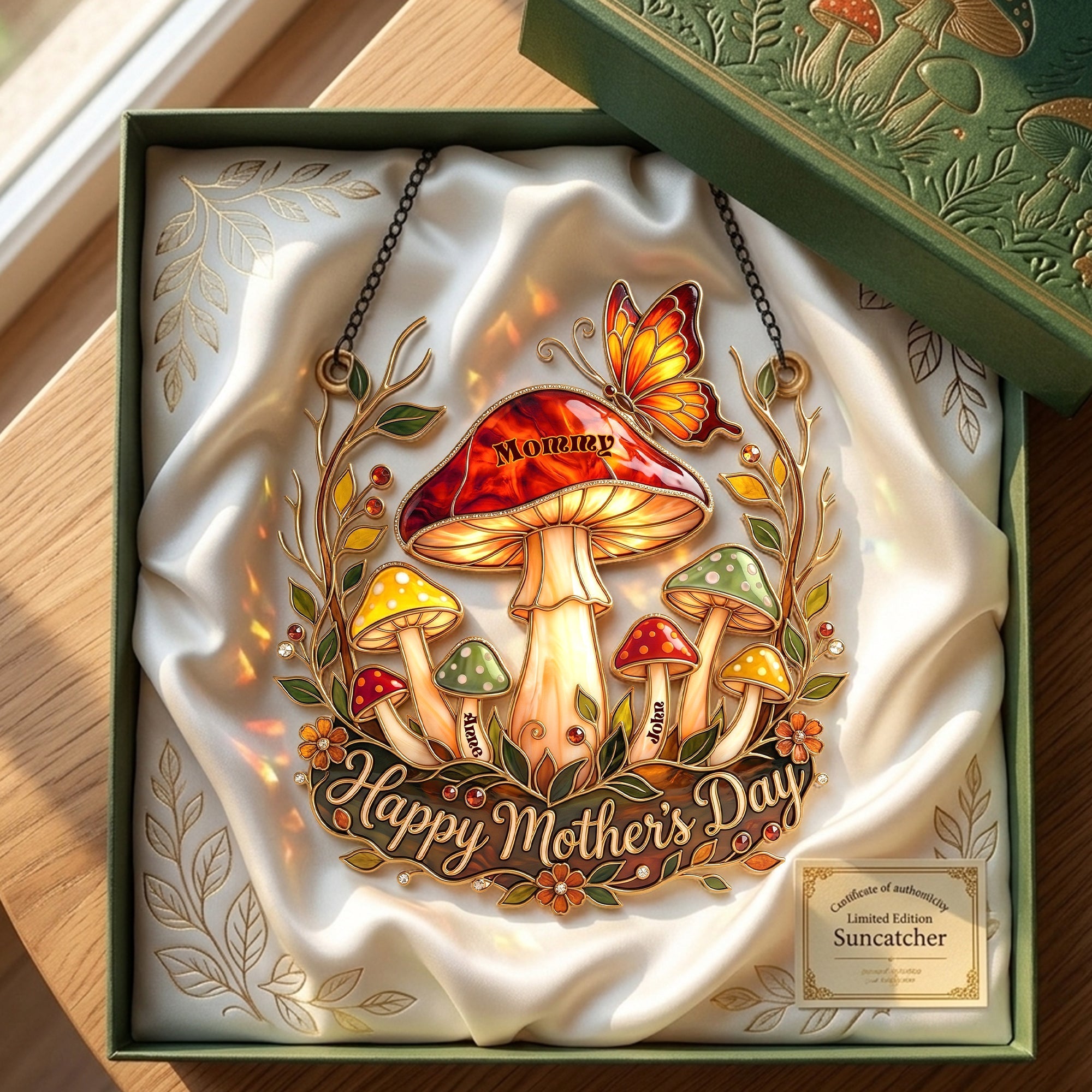"A Touch of Whimsy for Mom - Whimsical Mushroom Mom Suncatcher - Personalized Gift for Moms" Ornament PopCulturePrints