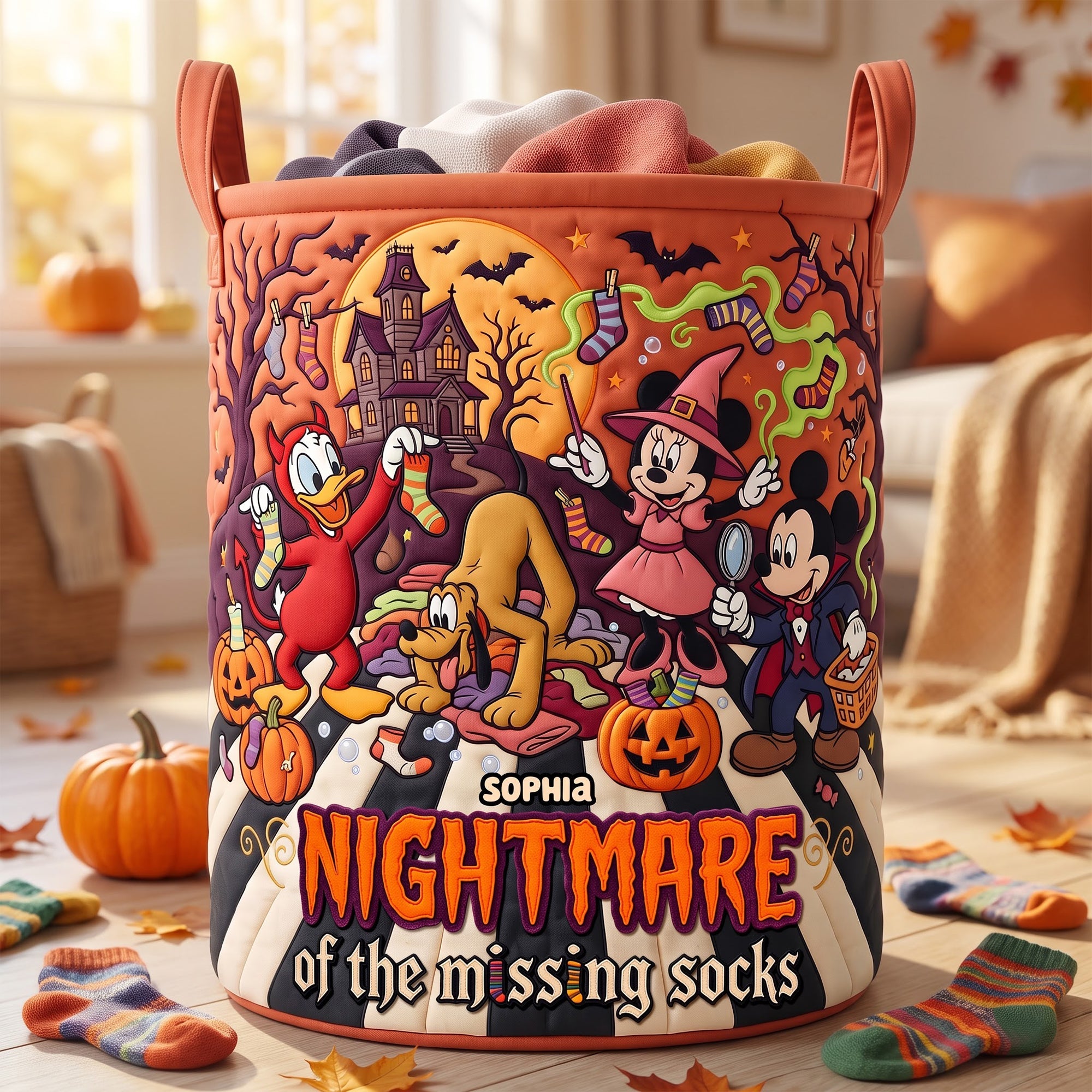 "A Spooktacular Solution: Say Goodbye to Lost Socks!" - Gothic Quilted Laundry Basket - Personalized Halloween Gift for All Ages