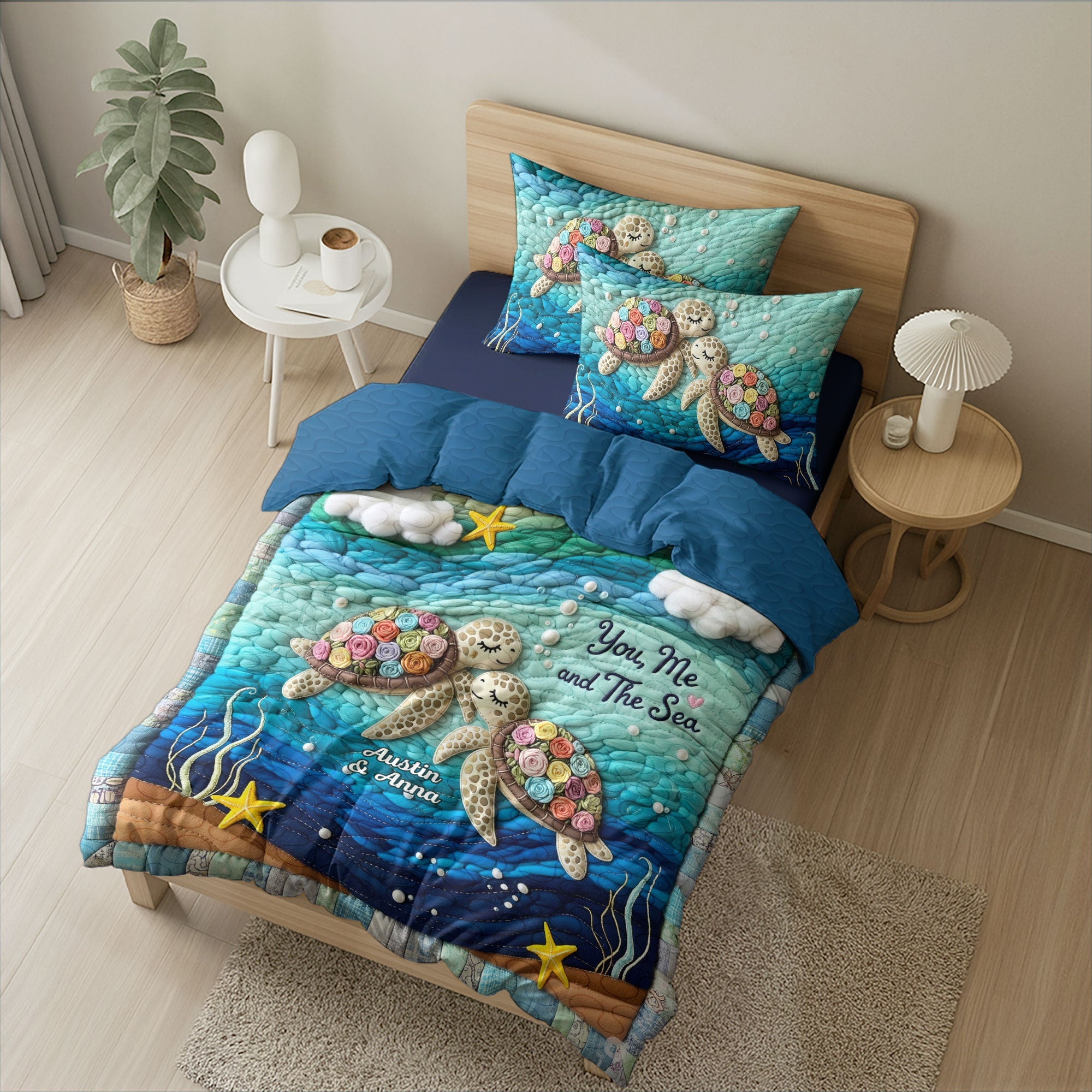 You, Me and The Sea - Personalized Turtle Couple Quilt Bedding Set Blanket PopCulturePrints