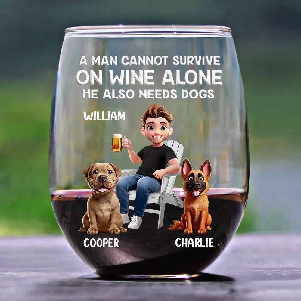 A Woman Cannot Survive On Wine Alone - Personalized Dog Mom Cartoon Stemless Wine Glass Wine Glass PopCulturePrints