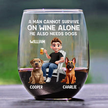 Load image into Gallery viewer, A Woman Cannot Survive On Wine Alone - Personalized Dog Mom Cartoon Stemless Wine Glass Wine Glass PopCulturePrints
