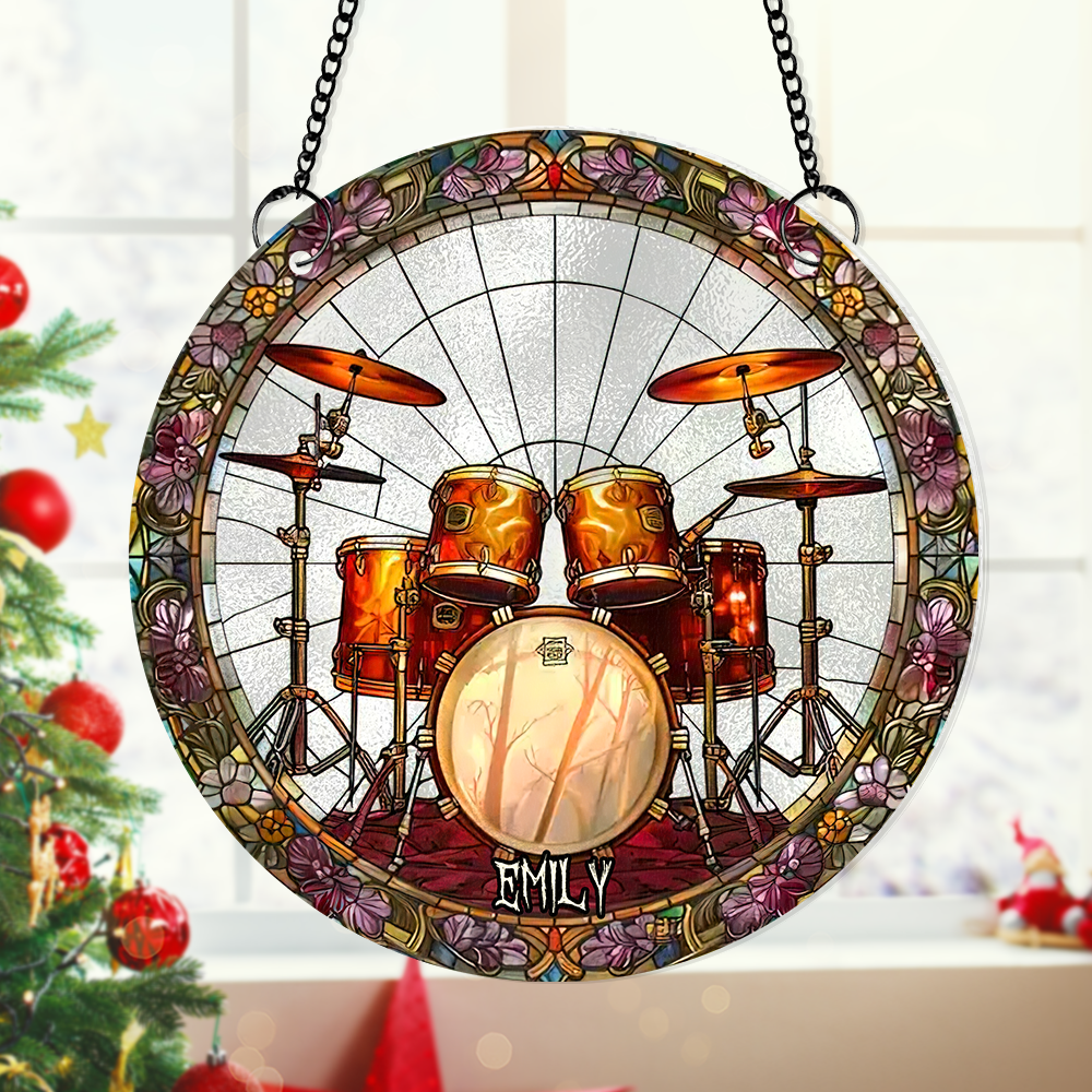 Personalized Suncatcher Ornament for Drum Lovers - Skeleton Drummer Design