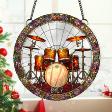 Load image into Gallery viewer, Personalized Suncatcher Ornament for Drum Lovers - Skeleton Drummer Design
