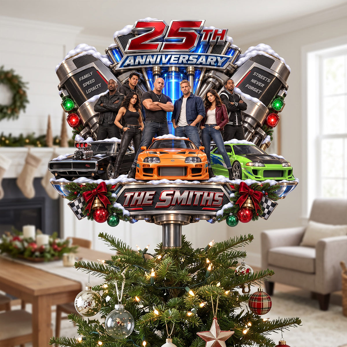 Celebrate Speed: Personalized 25th Anniversary Tree Topper - A Unique Gift for Car Enthusiasts
