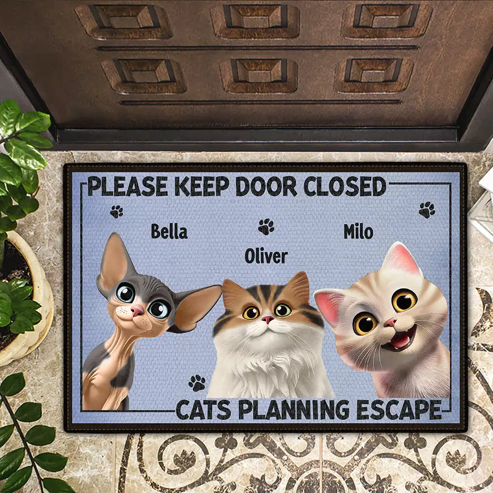 Please Keep Door Closed: Cats Planning Escape - Personalized Doormat for Pet Lovers Doormat PopCulturePrints