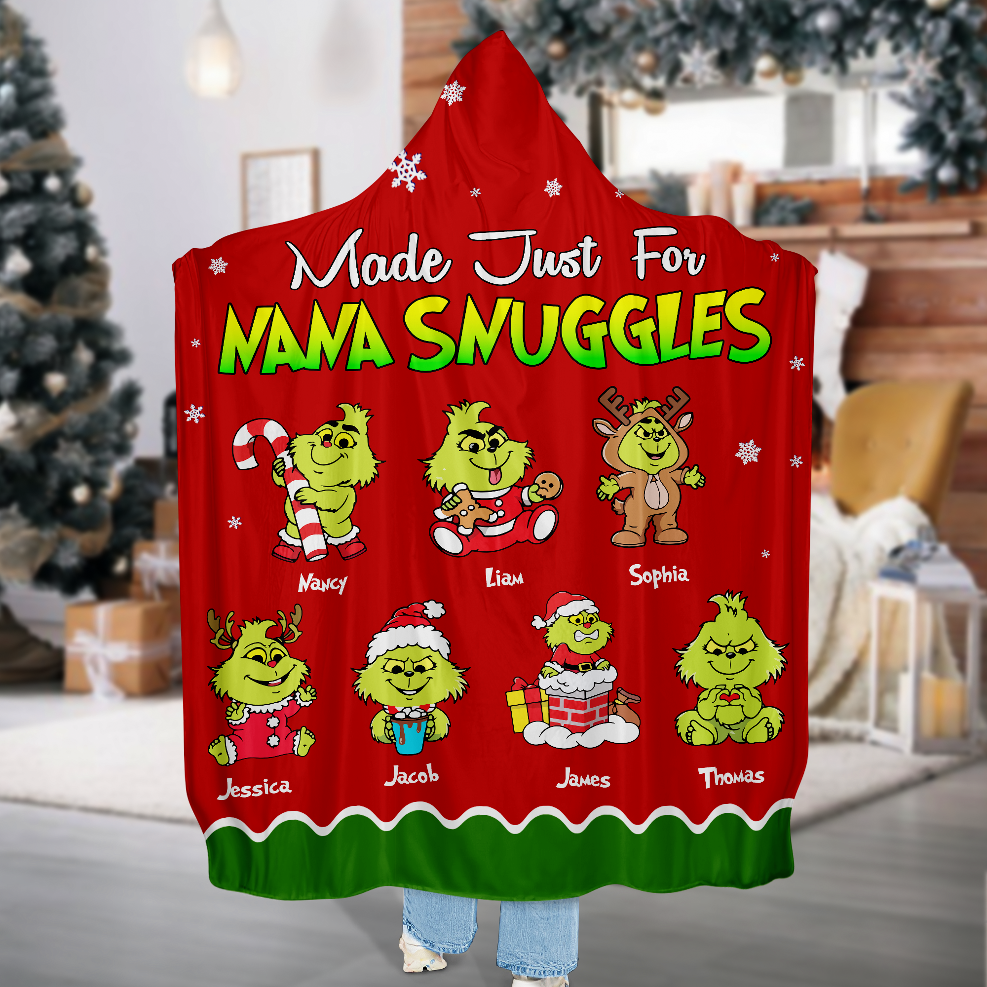 Personalized Green Monster Christmas Hooded Blanket for Grandma Blanket PopCulturePrints