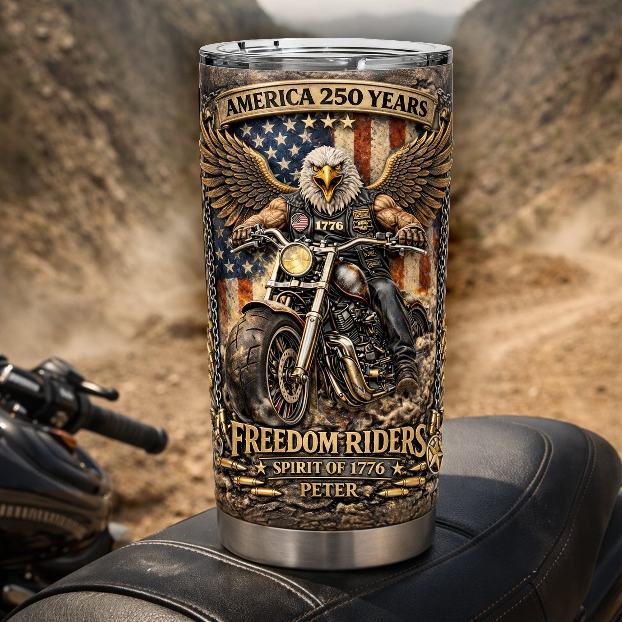 "Embrace the Spirit of Adventure - Freedom Riders 250th Anniversary Tumbler - Personalized Gift for Bikers" Tumbler Cup PopCulturePrints