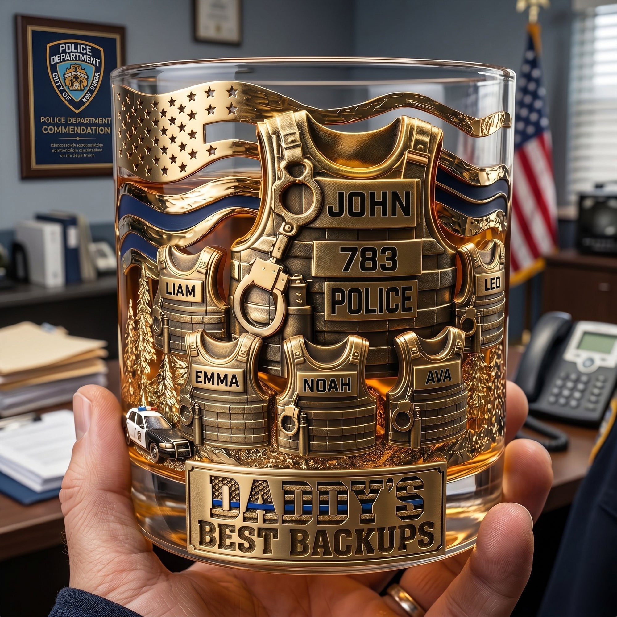 “Daddy’s Best Backups!” - Legendary Police Dad Round Glass - Personalized Gift for Police Officer, Sheriff, Captain & More Glass PopCulturePrints