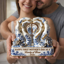 Load image into Gallery viewer, Happy First Mother's Day as a Family of Three - Personalized Plaque for Moms Shaped Plaques PopCulturePrints
