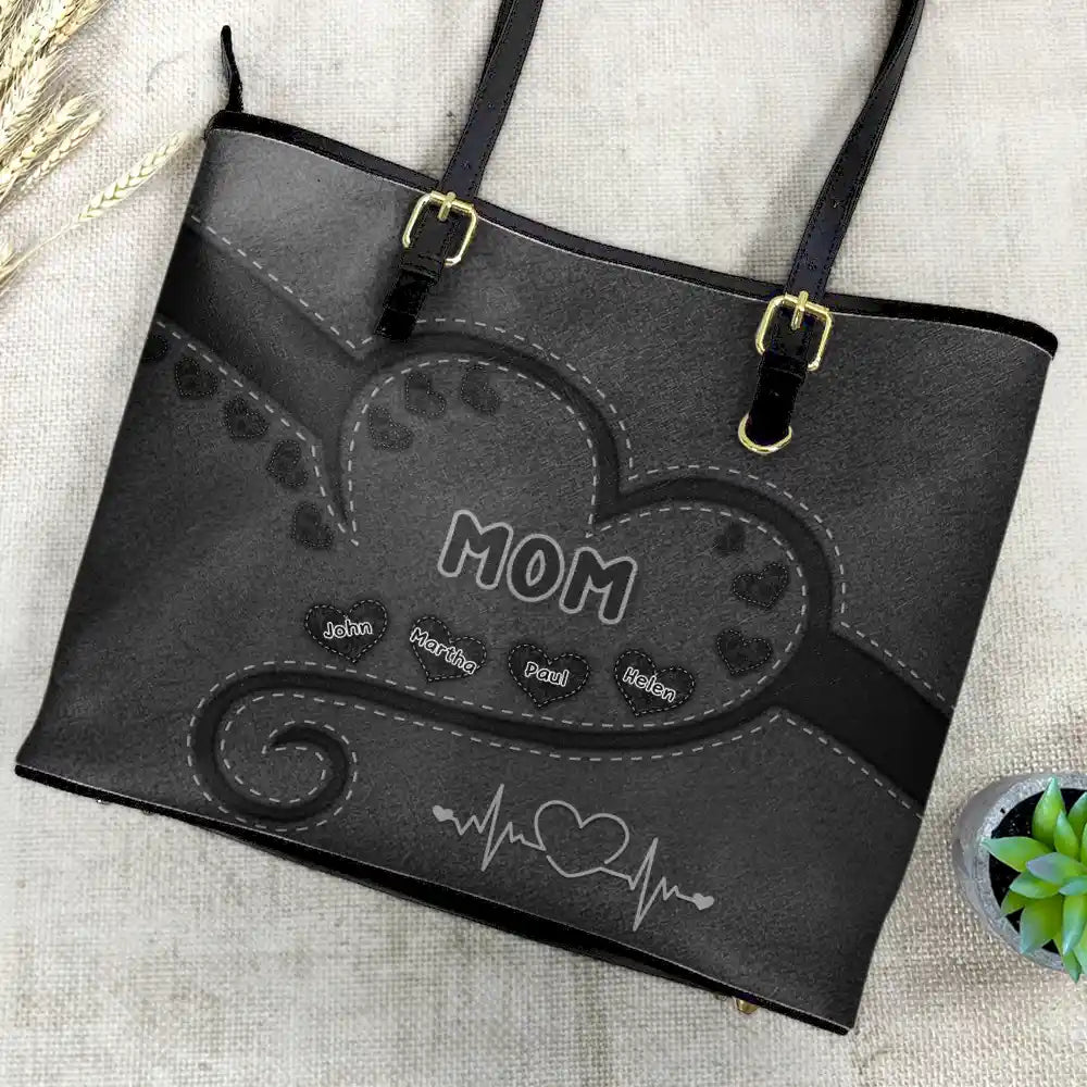 Grandma's Heart - Personalized Leather Tote Bag for Family Love Leather Tote Bag PopCulturePrints