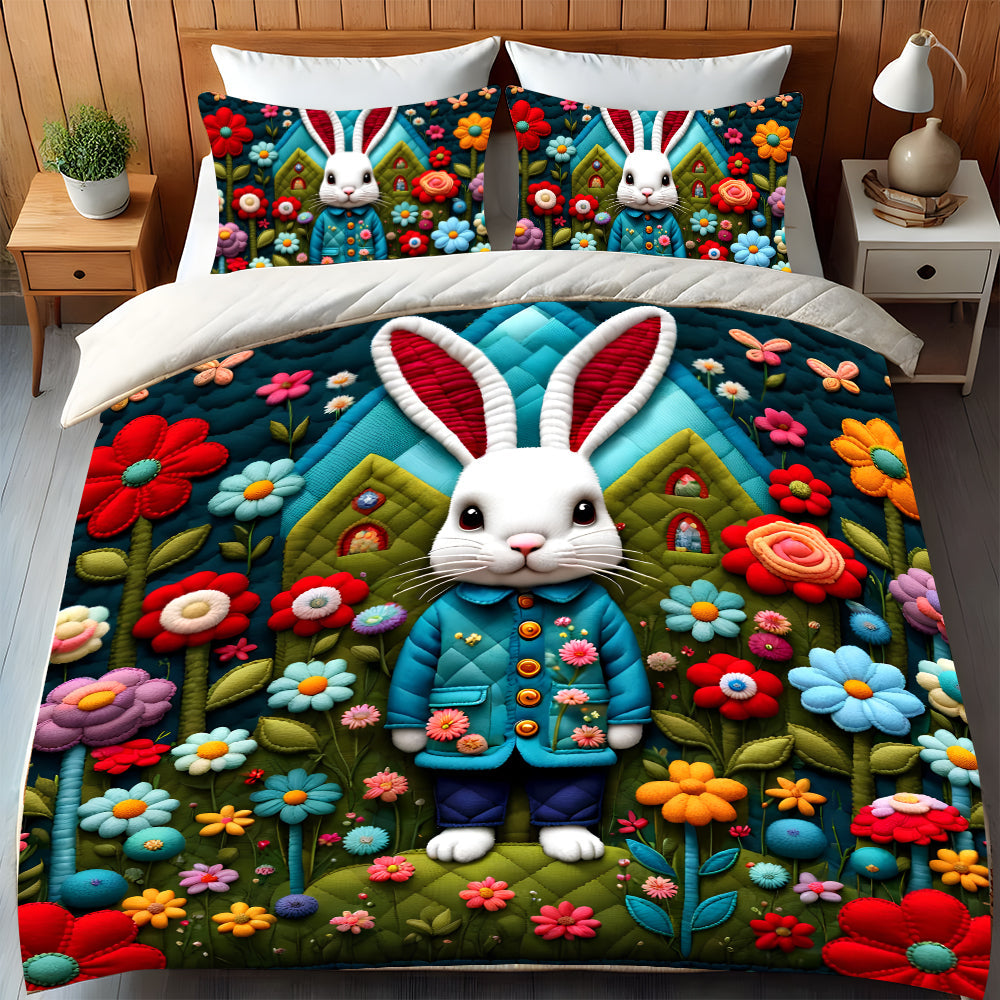 Whimsical Rabbit Lovers Quilt Bed Set - Colorful Floral Designs Blanket PopCulturePrints