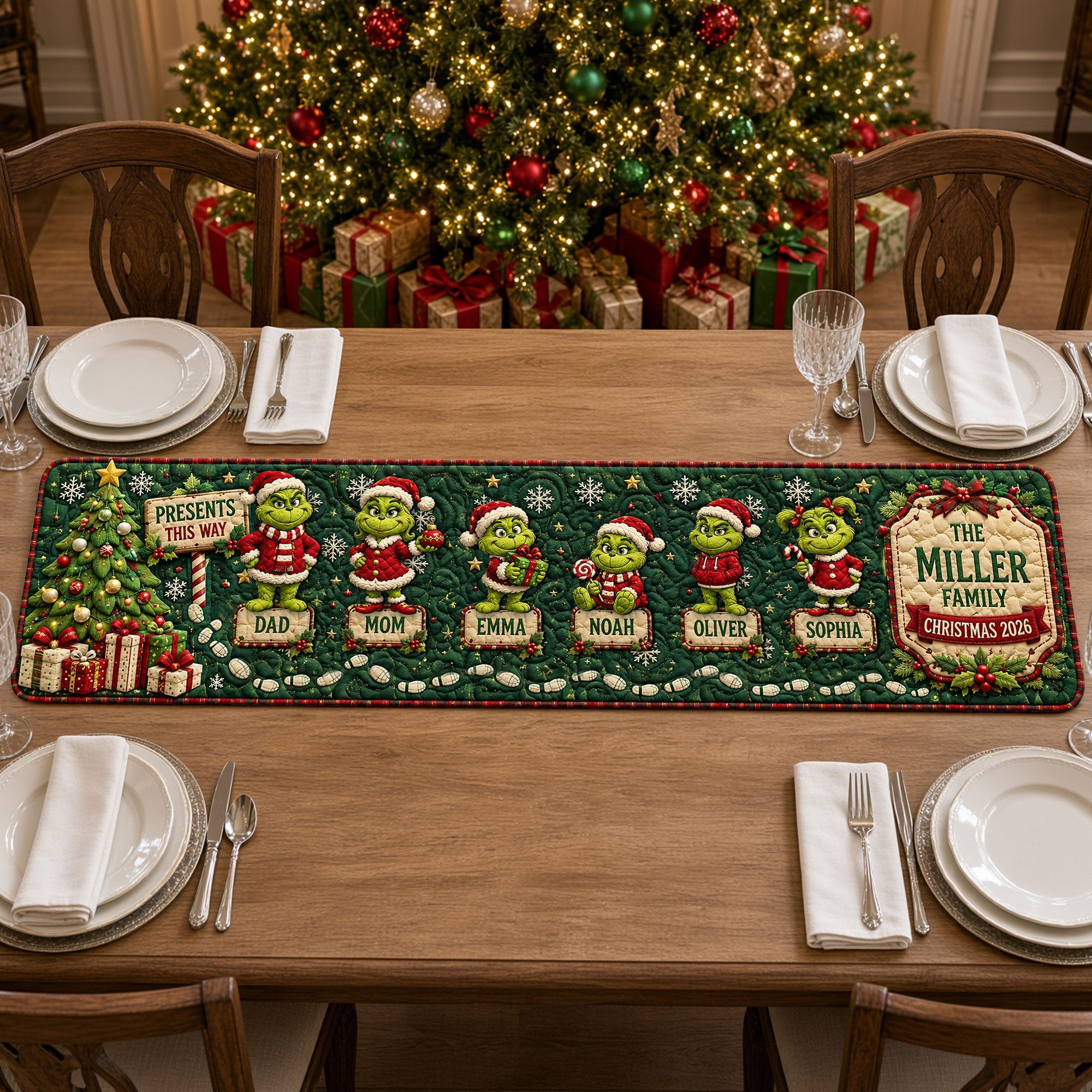 “Presents This Way” - Personalized Mischievous Family Quilted Table Runner - Unique Gifts for Christmas Celebrations