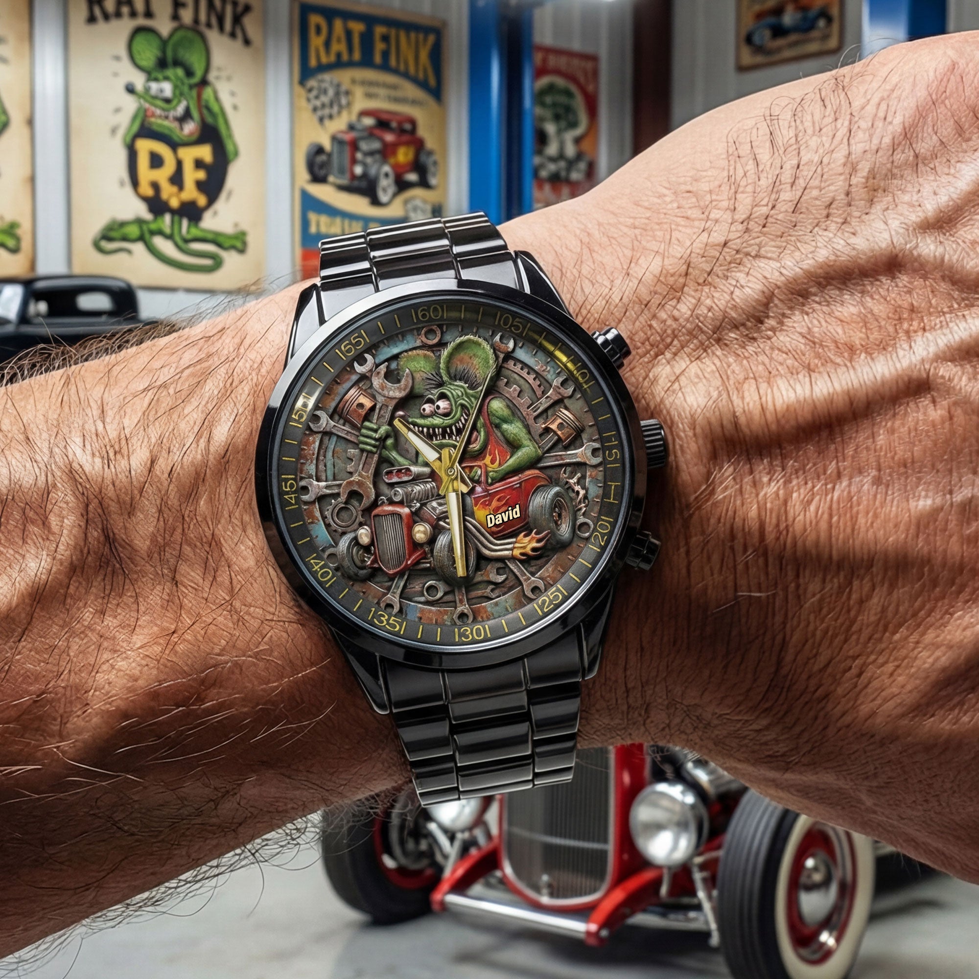 Rev Up Time! Classic Racing Stainless Steel Men's Watch - Personalized Gift for Hot Rod Lovers Men's Watch PopCulturePrints