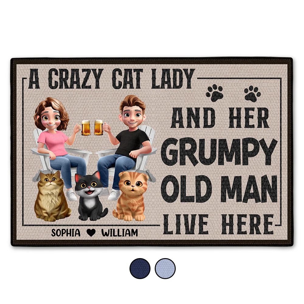 A Crazy Cat Lady And Her Grumpy Old Man Live Here - Funny Personalized Doormat Doormat PopCulturePrints